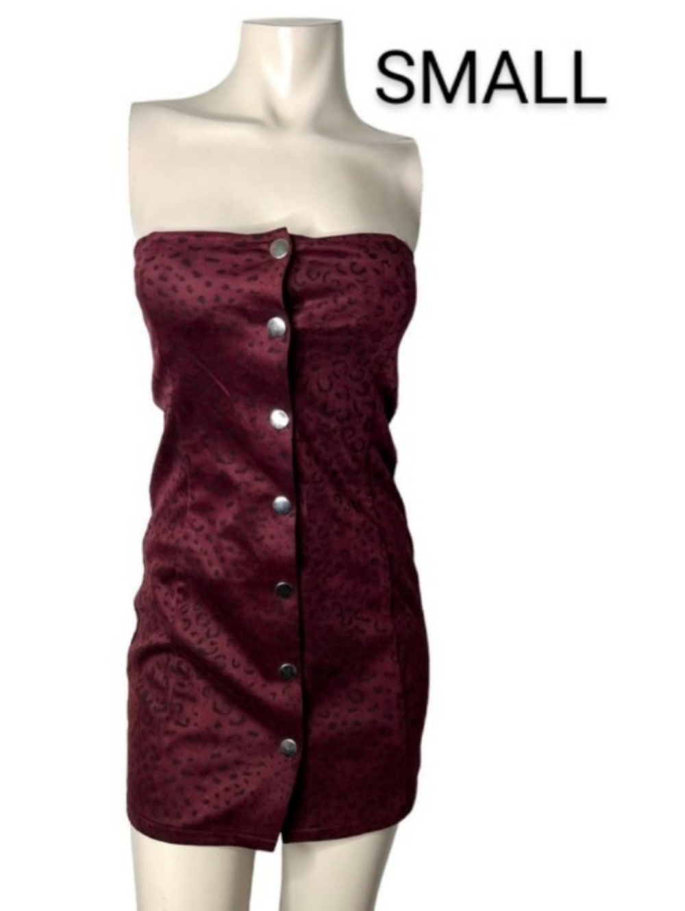 🆕Burgundy Red & Black Suede Leopard Strapless Silver Button Up Dress~Size S